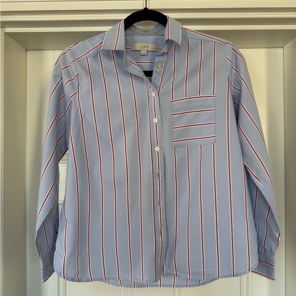LOFT Blue and Red Striped Button-Up Blouse